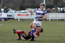 Tynedale' Chris Harris is takled by Blackheath's Philip Ellis, National League Division 1, Tynedale Park, Corbridge, Northumberland.